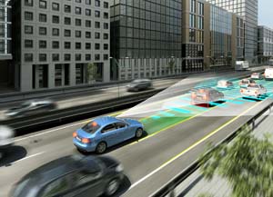 Durch die Fahrzeug-zu-Fahrzeug Kommunikation wird das autonome Fahren unterstützt. 